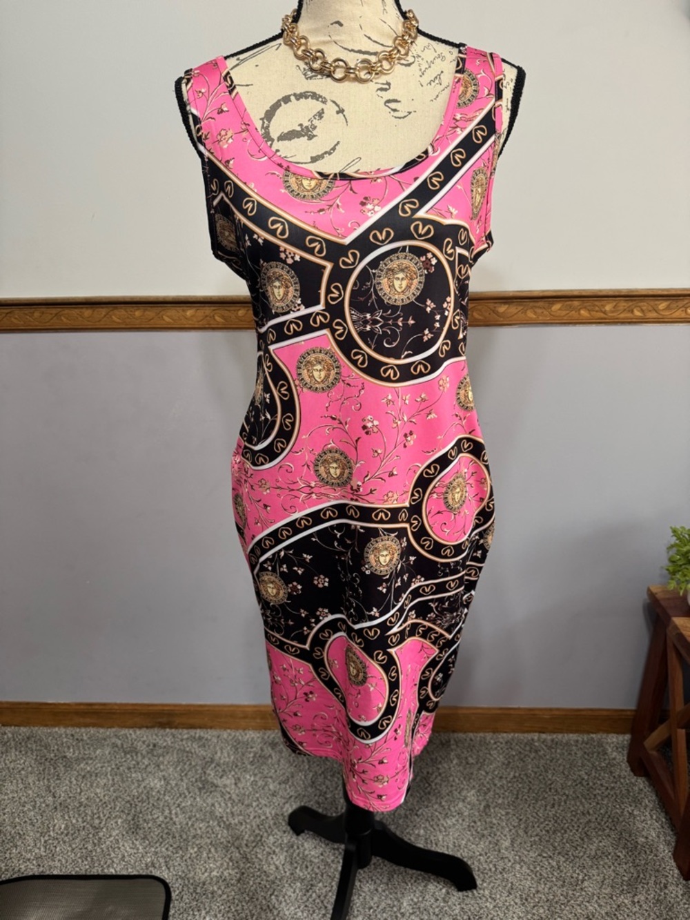 Pink and Black Sheath Midi Dress Large NWOT